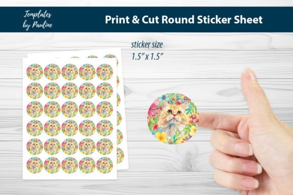 Charming Cat Round Sticker Sheet for Print Templates and Graphics