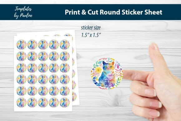 Cute Spring Cat Round Sticker Sheet Graphics for Print Templates