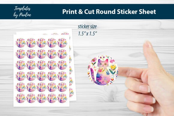 Cute Summer Cat Round Sticker Sheet Graphics for Print Templates