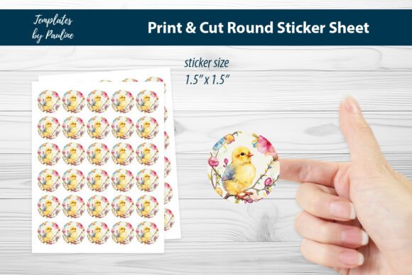 Easter Chick Round Sticker Sheet for Print Templates and Graphics