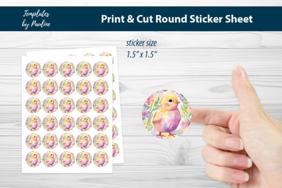 Floral Easter Chick Round Sticker Sheet for Print Templates and Graphics