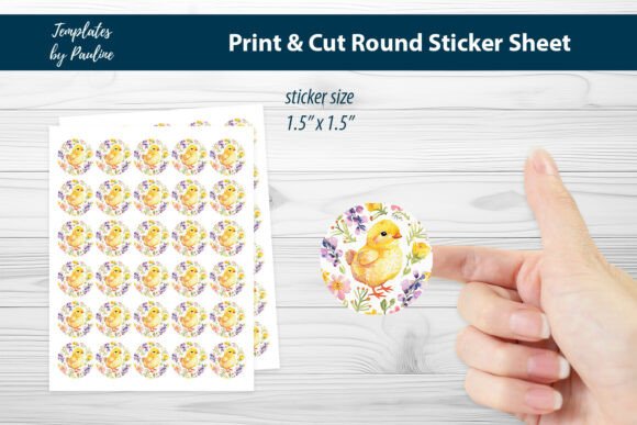 Flower Easter Chick Round Sticker Sheet for Print Templates and Graphics