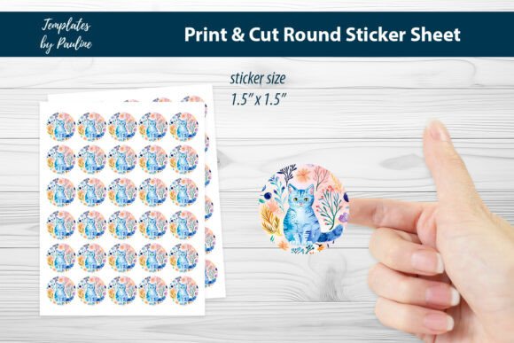 Flower Spring Cat Round Sticker Sheet for Print Templates and Graphics
