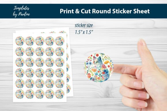 Flower Summer Cat Round Sticker Sheet for Graphics and Print Templates